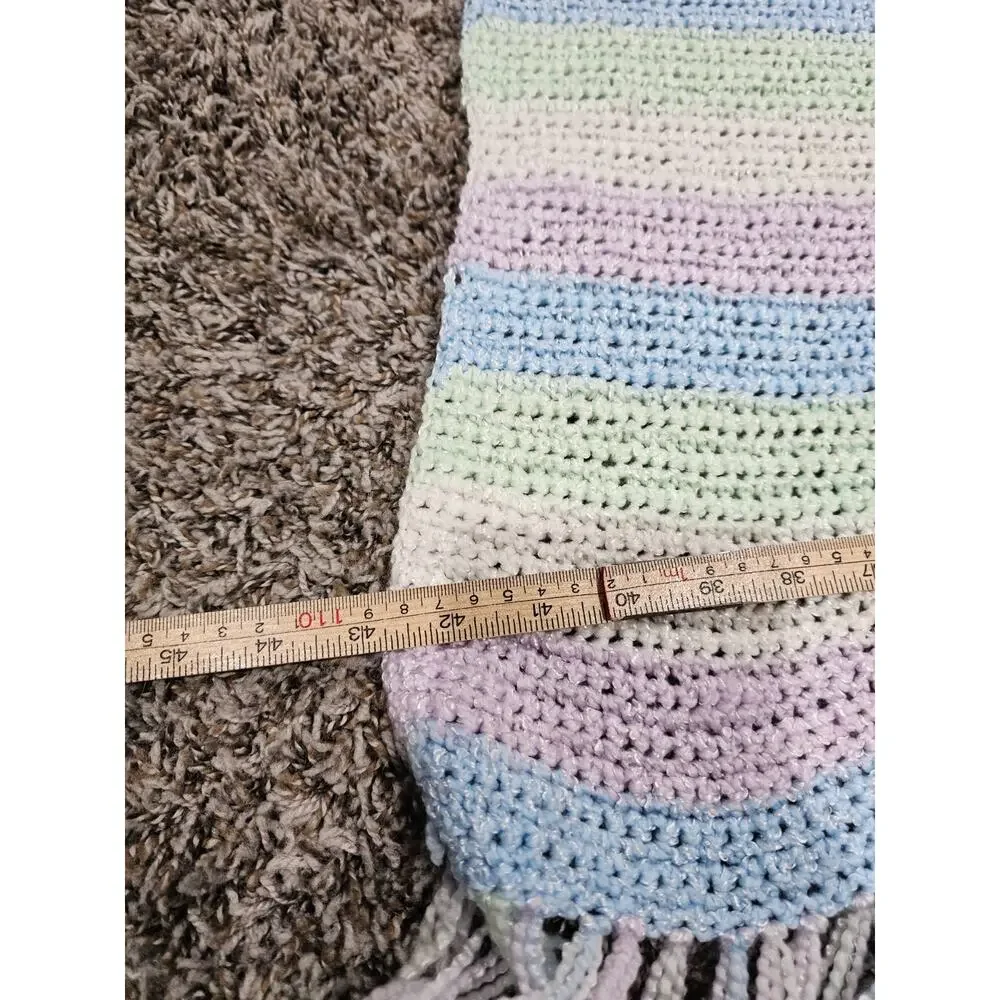 Vintage handmade crochet baby blanket Pastel Striped Fringe Hem Cottagecore